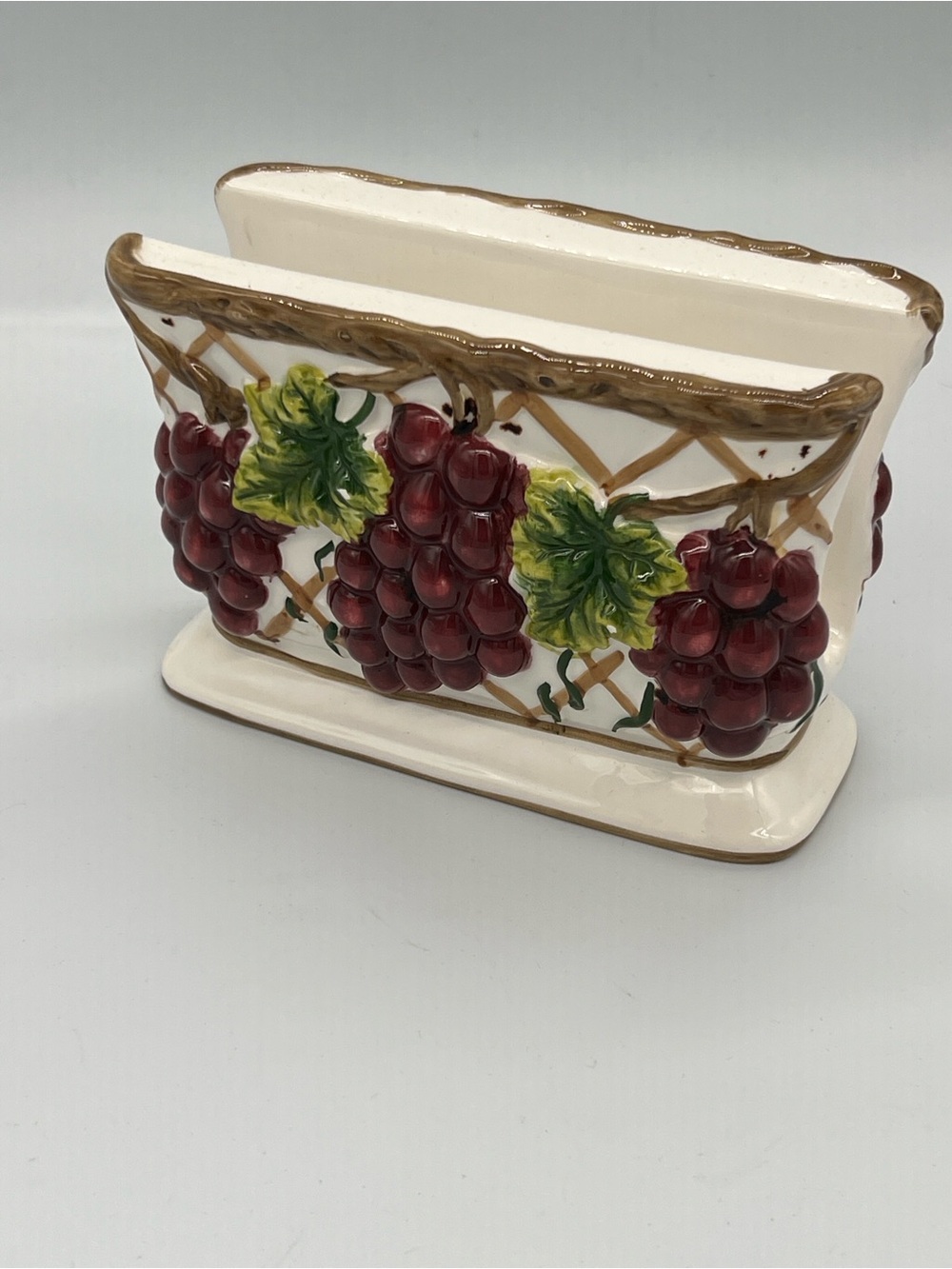 Vintage Ceramic Napkin Holder with Red Grape Motif